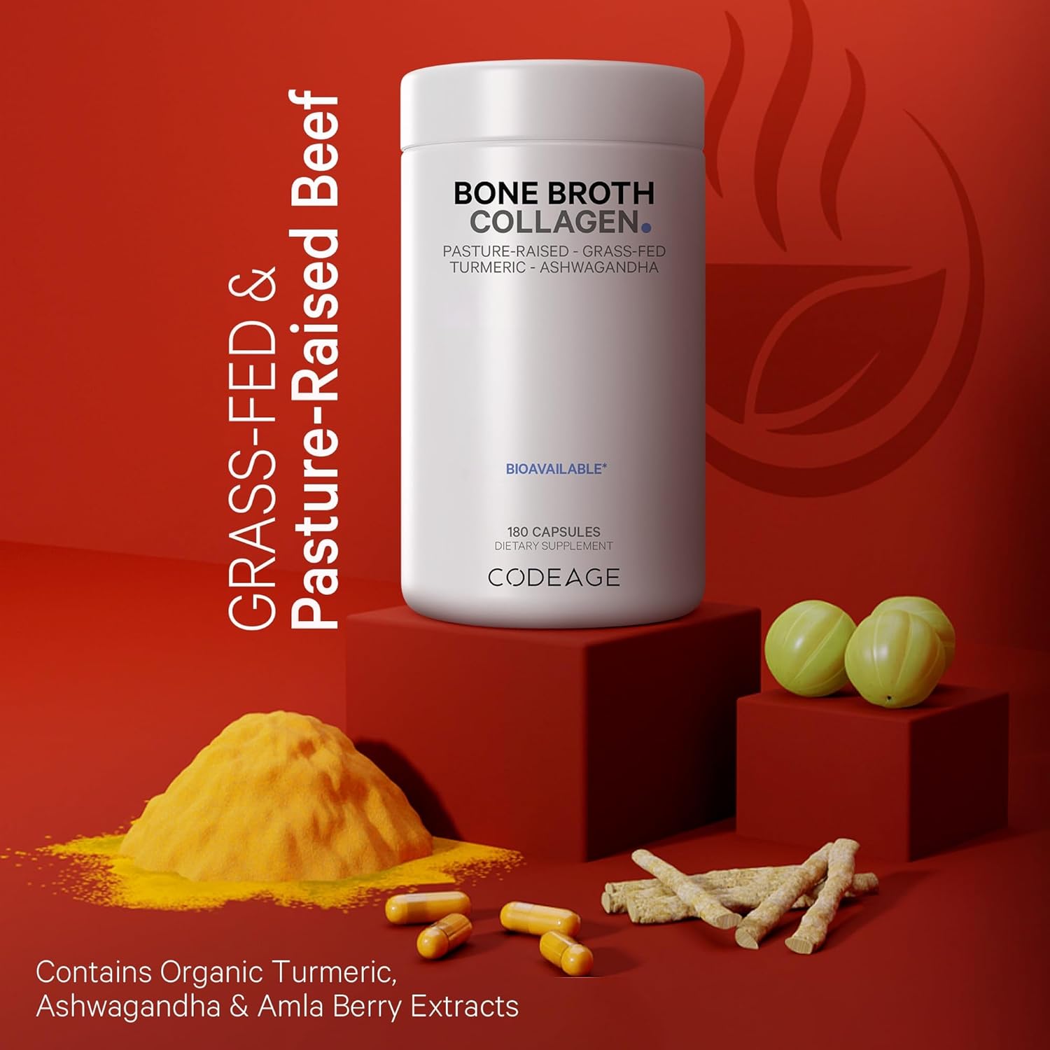 Organic Bone Broth Collagen Peptides Capsules with Turmeric & Ashwagandha - Grass Fed Beef & Free-Range Chicken - Non-GMO - 180 Capsules