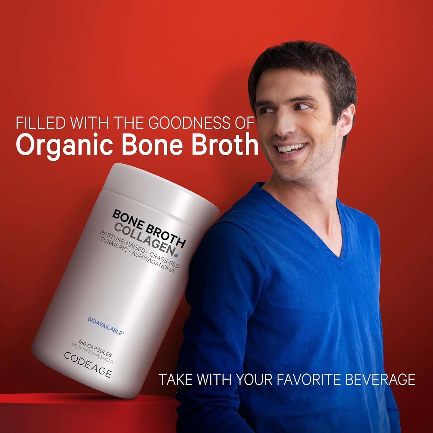 Organic Bone Broth Collagen Peptides Capsules with Turmeric & Ashwagandha - Grass Fed Beef & Free-Range Chicken - Non-GMO - 180 Capsules