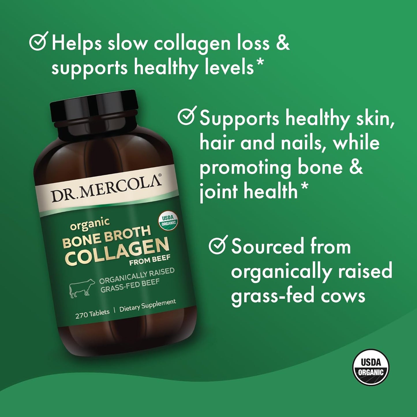 Organic Bone Broth Collagen Tablets - 90 Servings, Grass-Fed Beef, Dietary Supplement for Bone & Joint Support, USDA Organic & Non-GMO