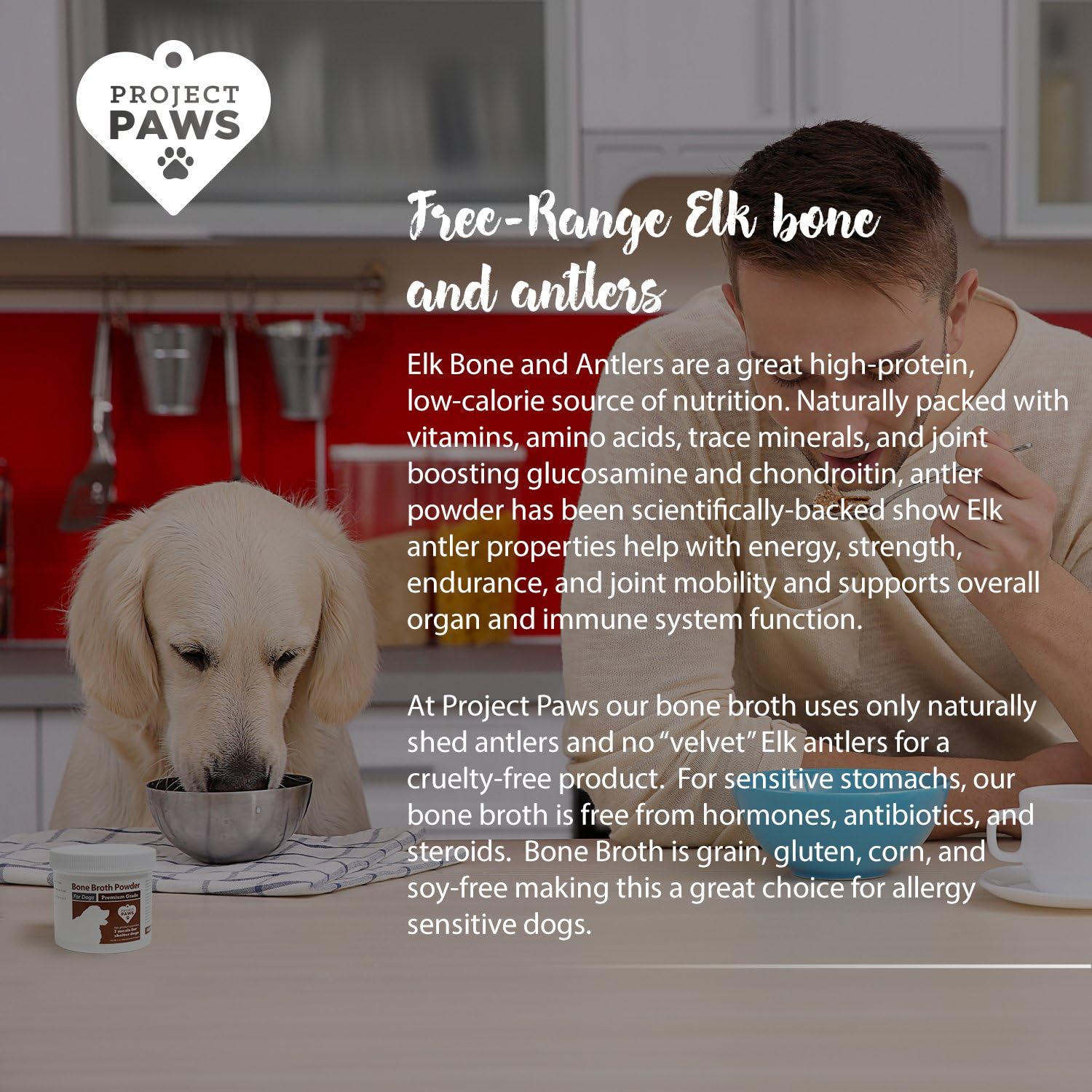 Organic Bone Broth with Elk Antler Powder for Dogs - Nutrient-Rich Superfood Topper - Natural Multivitamin Supplement for Dogs - 4 oz