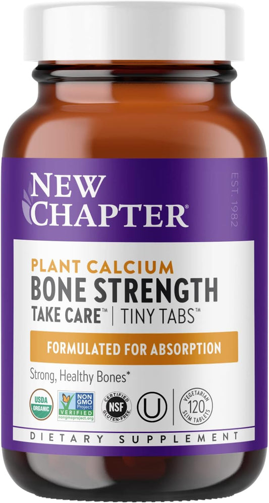 Organic Bone Strength Calcium Supplement with Magnesium, Vitamin D3+K2 - 120 Tiny Tabs for Bone Health, Gluten Free, Easy to Swallow