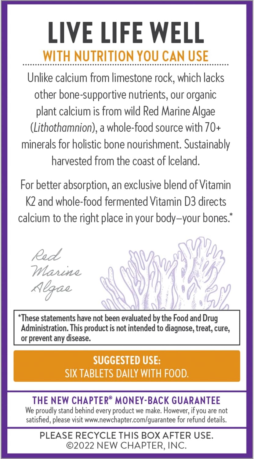 Organic Bone Strength Calcium Supplement with Magnesium, Vitamin D3+K2 - 120 Tiny Tabs for Bone Health, Gluten Free, Easy to Swallow