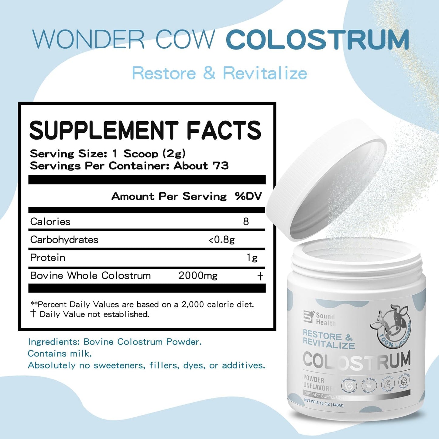 Organic Bovine Colostrum Powder Supplement for Gut Health, Hair Growth, Beauty - Unflavored (73 Servings)