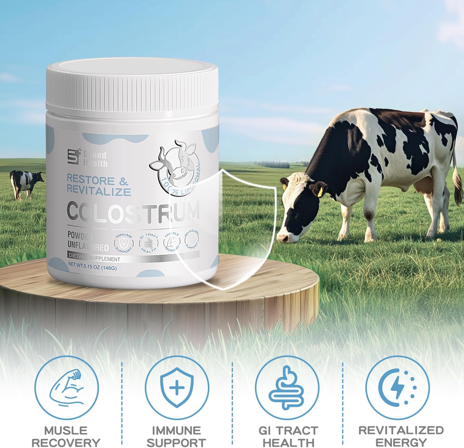 Organic Bovine Colostrum Powder Supplement for Gut Health, Hair Growth, Beauty - Unflavored (73 Servings)