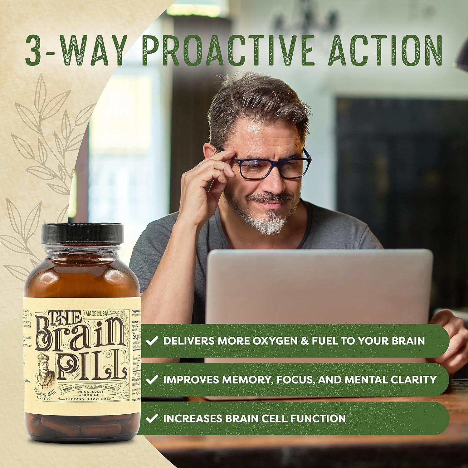 Organic Brain Booster Supplement Capsules with Ginkgo Biloba, Lion’s Mane, and Sage - Memory Pills for Focus, Clarity, and Energy - 90 Capsules by Medicine Man Plant Co