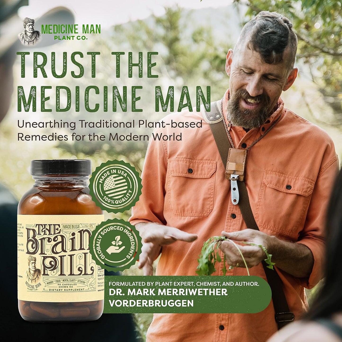 Organic Brain Booster Supplement Capsules with Ginkgo Biloba, Lion’s Mane, and Sage - Memory Pills for Focus, Clarity, and Energy - 90 Capsules by Medicine Man Plant Co
