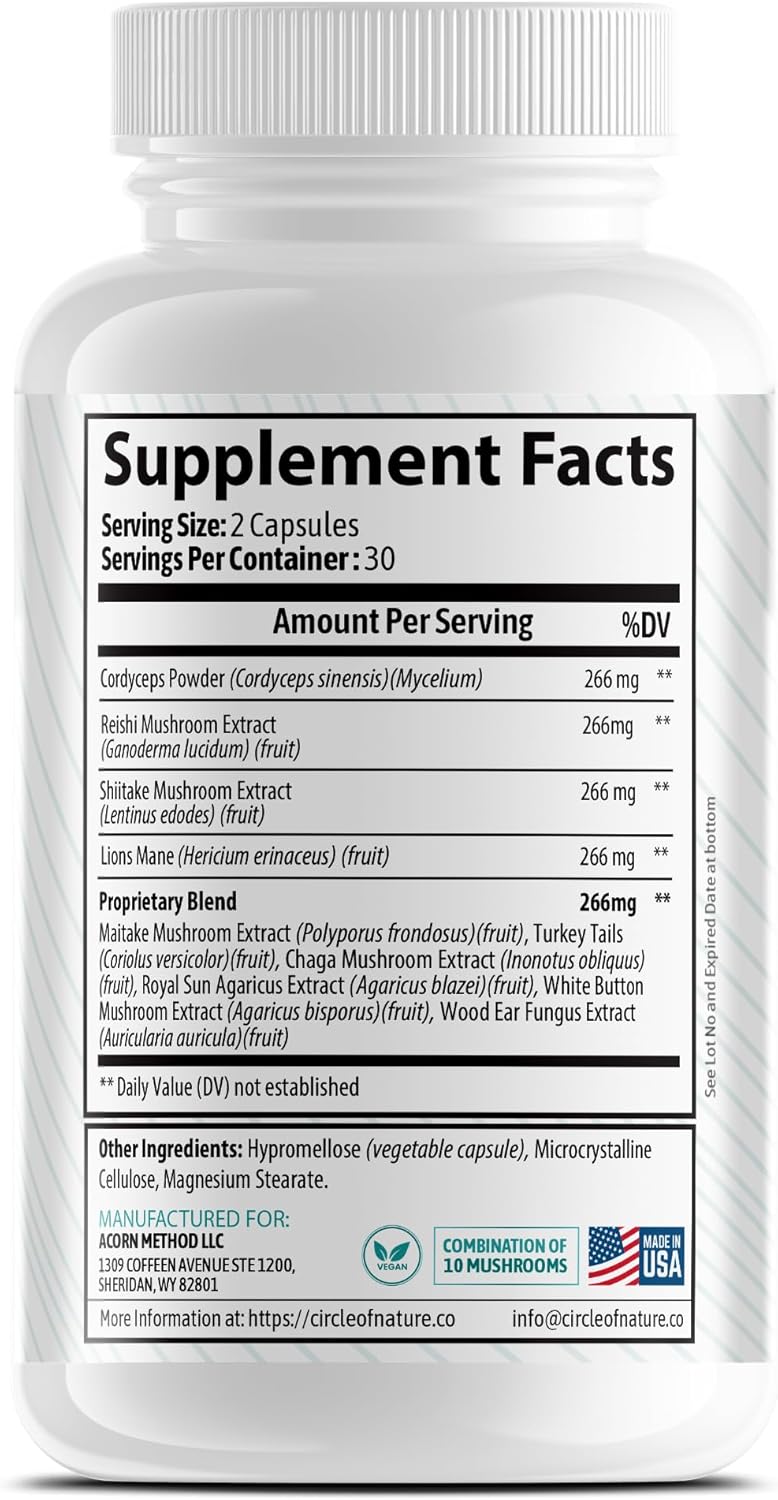 Organic Brain Boosting Mushroom Supplement with 10 Varieties, 1330mg Capsules, Made in USA - Lions Mane, Reishi, Cordyceps, and More
