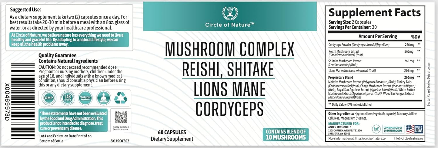 Organic Brain Boosting Mushroom Supplement with 10 Varieties, 1330mg Capsules, Made in USA - Lions Mane, Reishi, Cordyceps, and More