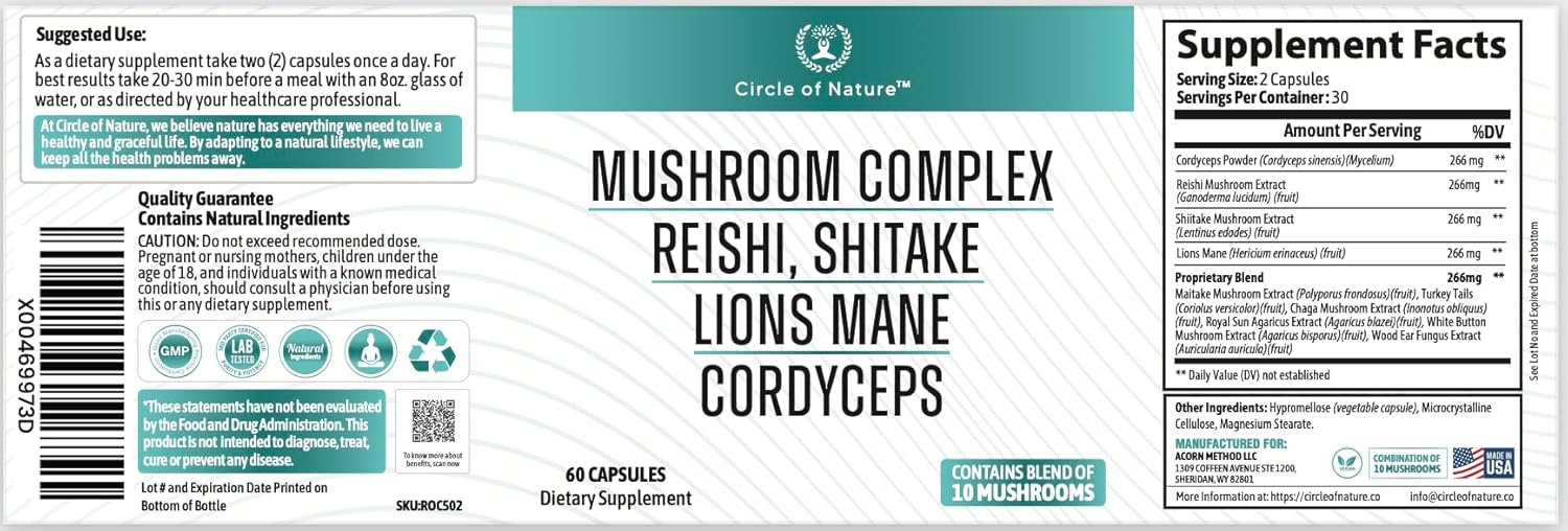 Organic Brain Boosting Mushroom Supplement with 10 Varieties, 1330mg Capsules, Made in USA - Lions Mane, Reishi, Cordyceps, and More