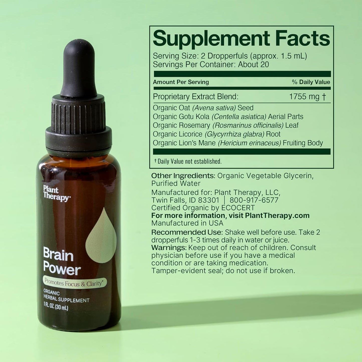 Organic Brain Power Tincture 30 mL - Supports Focus, Clarity, Alertness, Memory - Brain Boost Supplement with Benefits