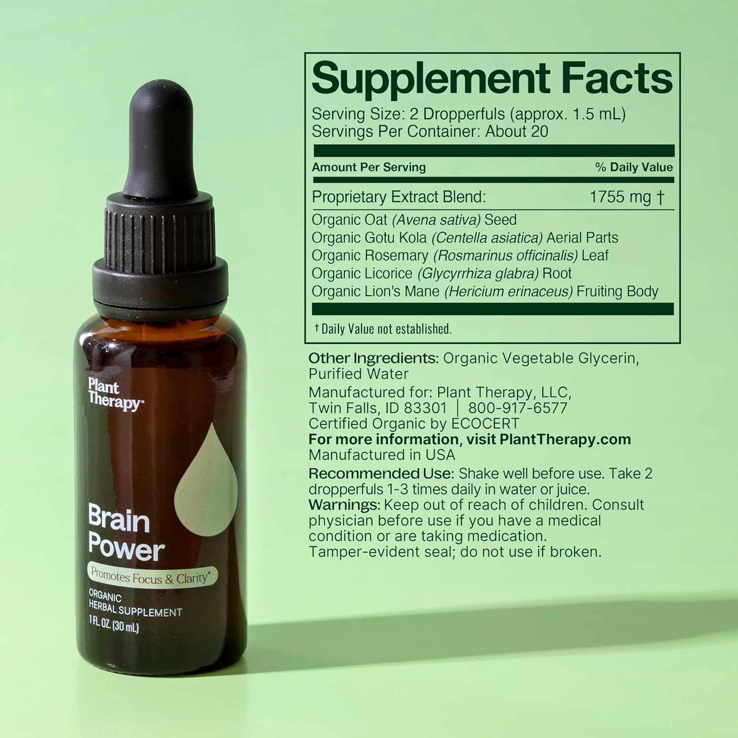 Organic Brain Power Tincture 30 mL - Supports Focus, Clarity, Alertness, Memory - Brain Boost Supplement with Benefits