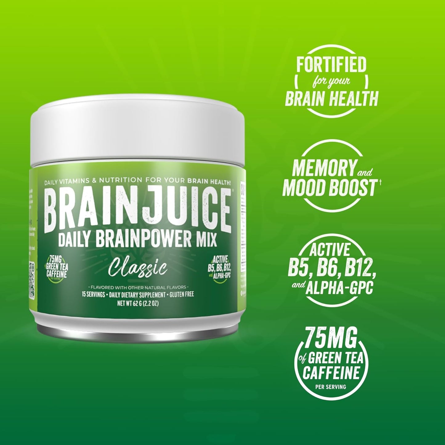Organic BrainJuice Nootropic Powder Drink Mix for Energy and Focus, Gluten Free with L Theanine, Alpha GPC, Vitamin B, Green Tea Extract, Caffeine - 15 Servings