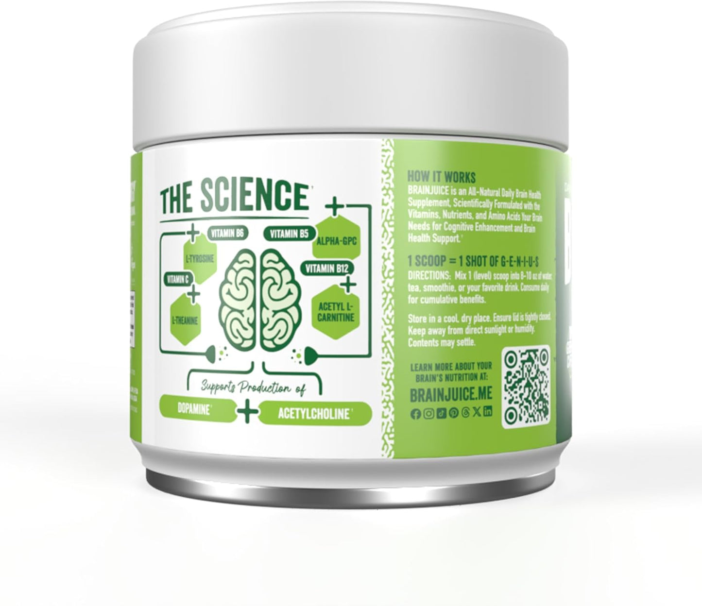 Organic BrainJuice Nootropic Powder Drink Mix for Energy and Focus, Gluten Free with L Theanine, Alpha GPC, Vitamin B, Green Tea Extract, Caffeine - 15 Servings