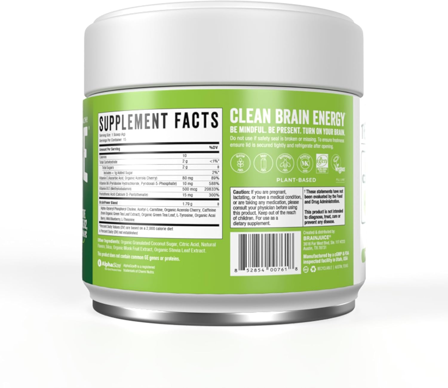 Organic BrainJuice Nootropic Powder Drink Mix for Energy and Focus, Gluten Free with L Theanine, Alpha GPC, Vitamin B, Green Tea Extract, Caffeine - 15 Servings
