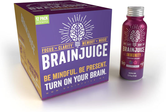 Organic BrainJuice Shot for Energy, Focus, and Immunity - Vitamin D, C, B, Alpha GPC, Ginger Root - Gluten Free, Huckleberry Hibiscus Flavor - 2.5 fl oz, 12 Pack