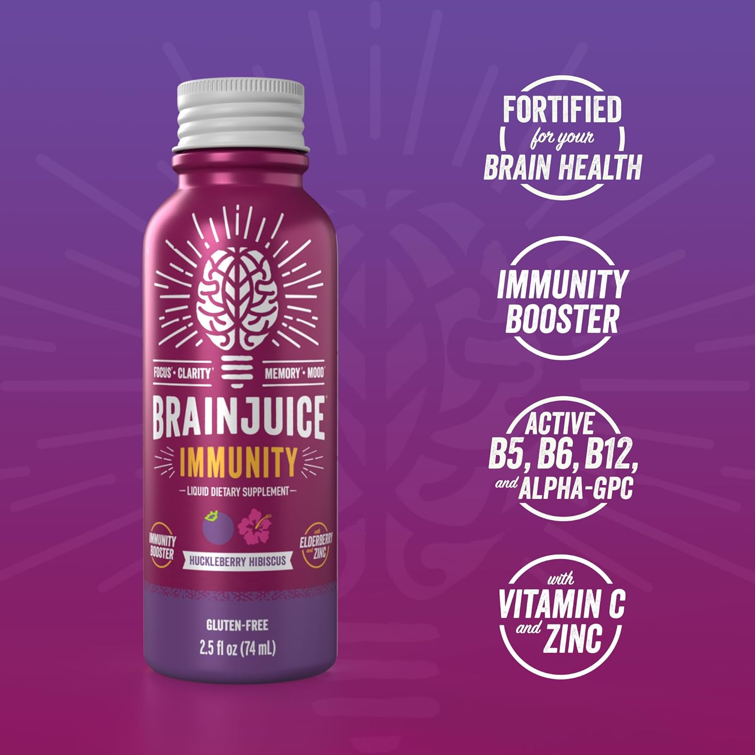 Organic BrainJuice Shot for Energy, Focus, and Immunity - Vitamin D, C, B, Alpha GPC, Ginger Root - Gluten Free, Huckleberry Hibiscus Flavor - 2.5 fl oz, 12 Pack