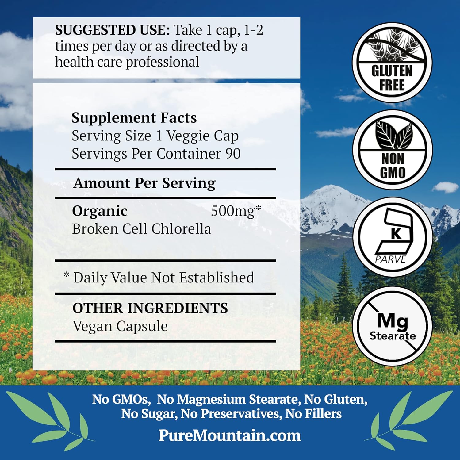 Organic Broken Cell Wall Chlorella Capsules - 90 Vegan Kosher Capsules with 500mg Powder
