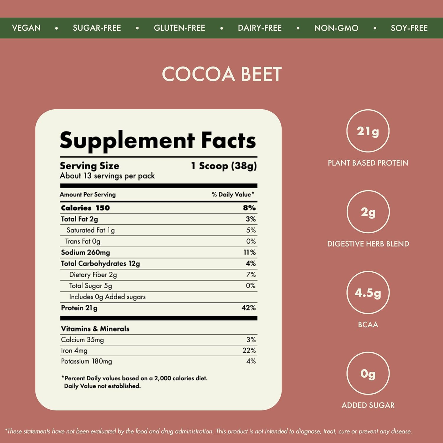 Organic Brown Rice & Pea Protein Isolate, Easy Digestion, 24G Protein, Gluten & Lactose Free Cocoa Beet Powder - 500g Pack