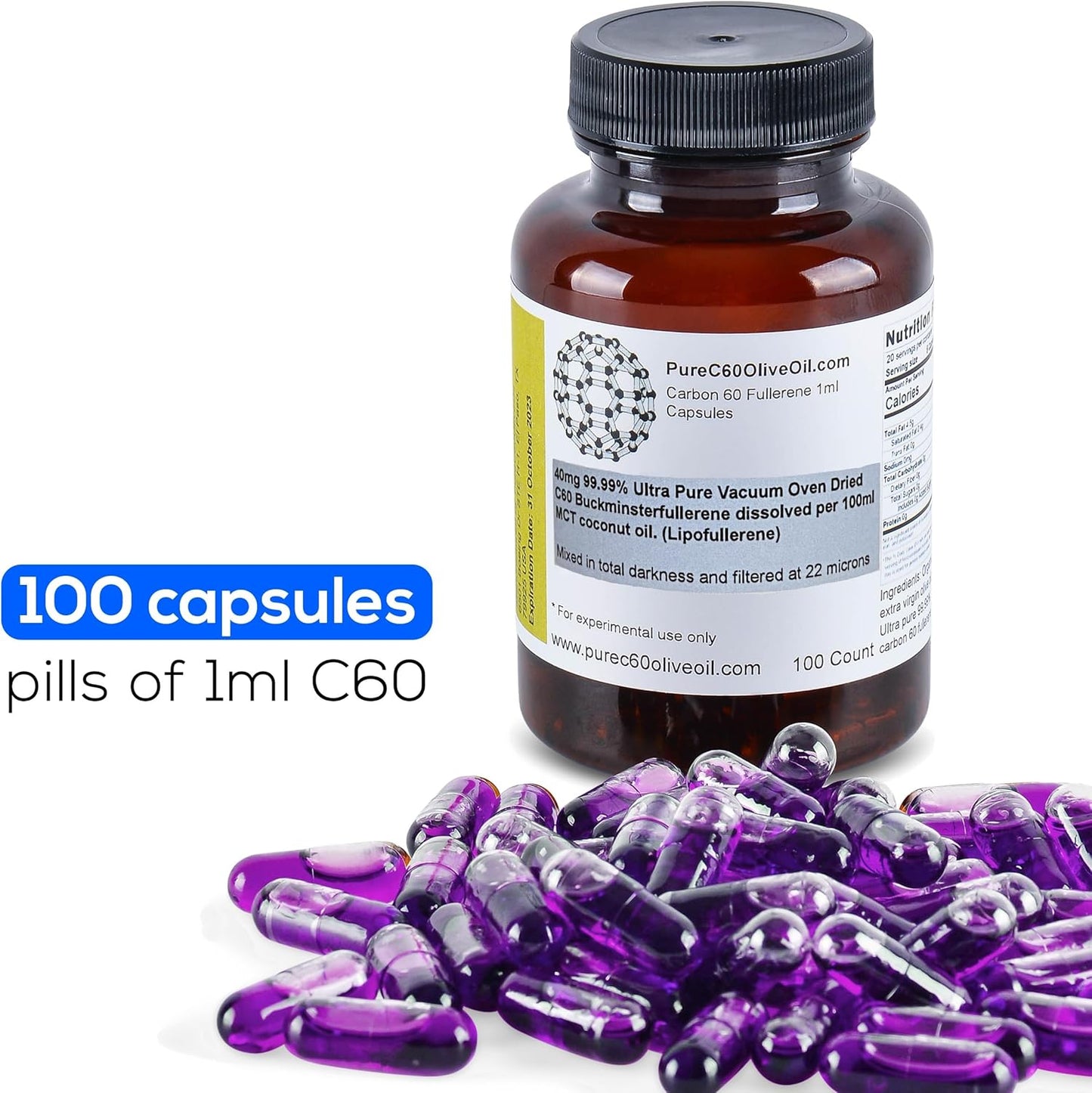 Organic C60 MCT Coconut Oil Capsules - 40mg 100ml - Food Grade 99.99% Carbon 60 - Solvent Free - Global Producer