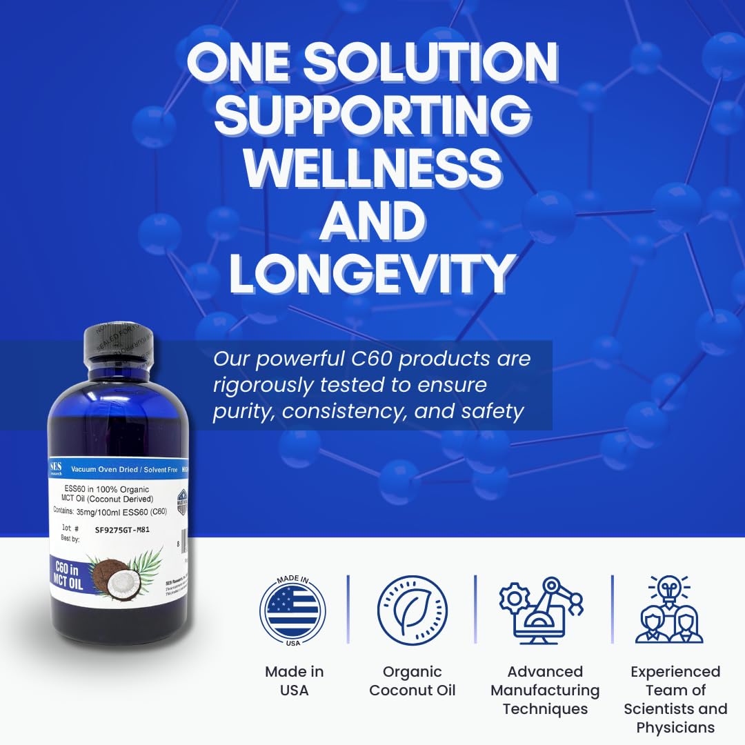Organic C60 MCT Oil Supplement with Coconut Derived Antioxidant Nootropic - 99.99% Carbon60 - Promotes Longevity, Sleep, Energy, and Immunity - 4oz