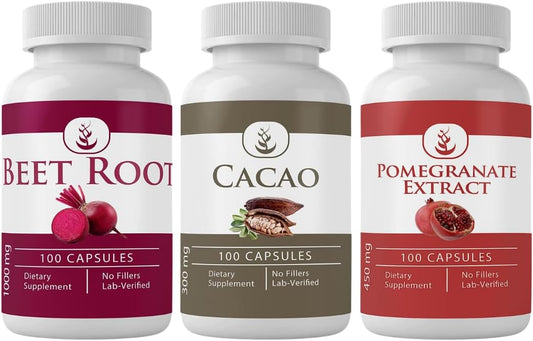Organic Cacao, Pomegranate, & Beet Root Capsules Bundle - 100 Count Each, Pure Ingredients, Lab Tested