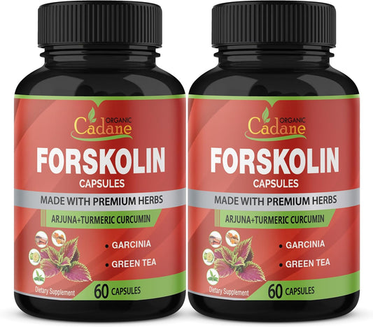Organic Cadane 2 Pack Forskolin Supplements Capsules with Turmeric, Arjuna, Garcinia Cambogia, Green Tea - Maximum Strength Coleus Forskohlii Extract for Energy & Immune Support