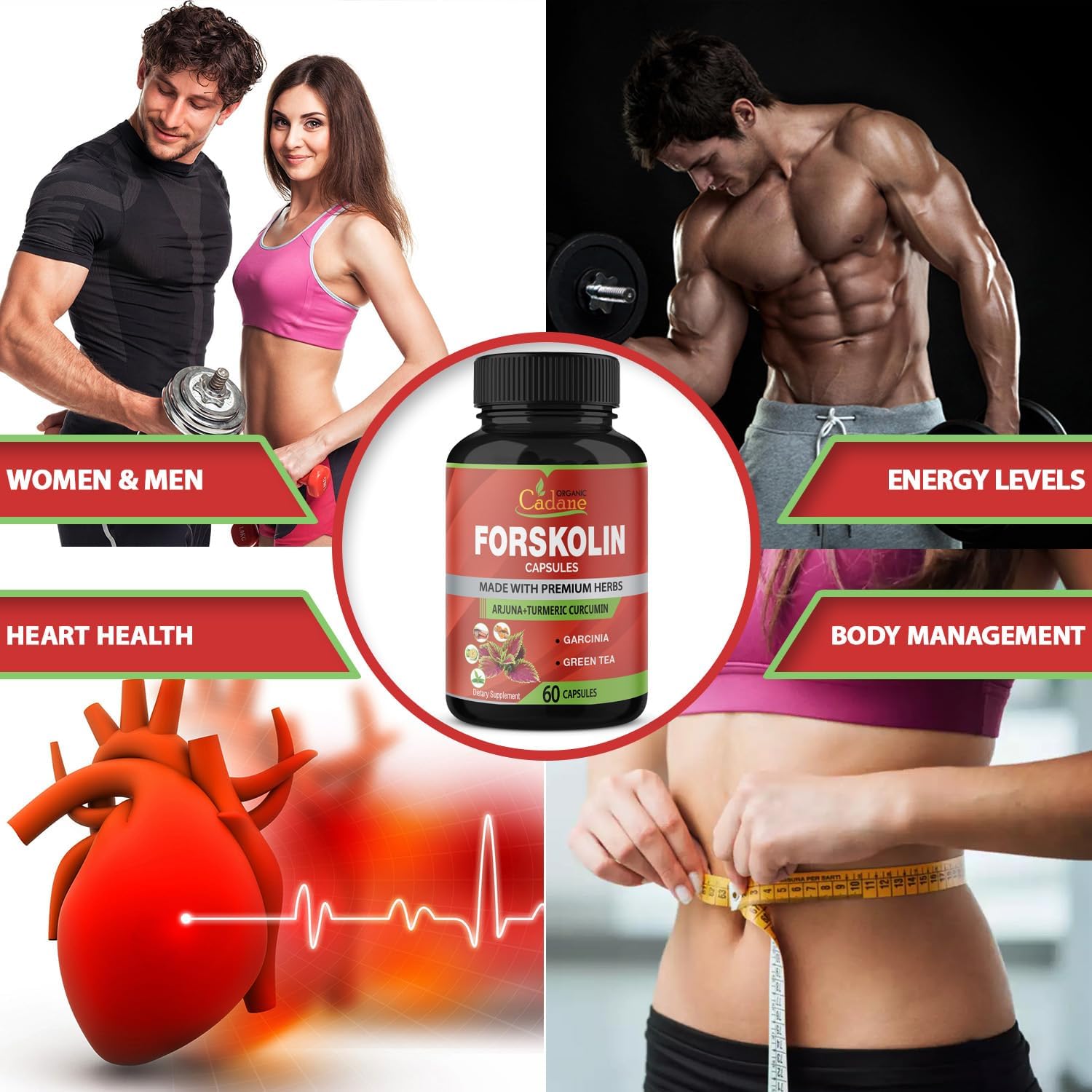 Organic Cadane 2 Pack Forskolin Supplements Capsules with Turmeric, Arjuna, Garcinia Cambogia, Green Tea - Maximum Strength Coleus Forskohlii Extract for Energy & Immune Support
