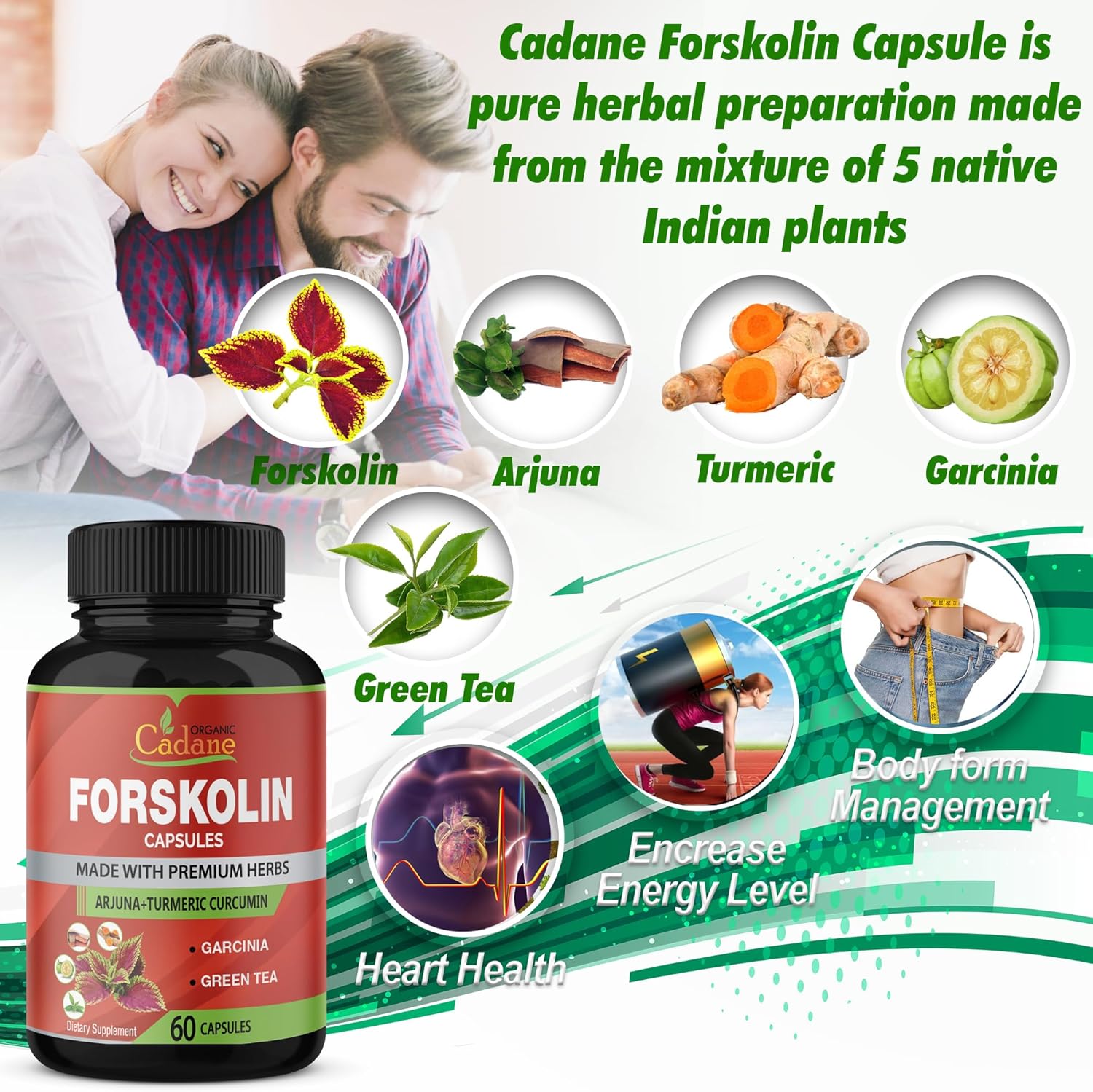 Organic Cadane 2 Pack Forskolin Supplements Capsules with Turmeric, Arjuna, Garcinia Cambogia, Green Tea - Maximum Strength Coleus Forskohlii Extract for Energy & Immune Support