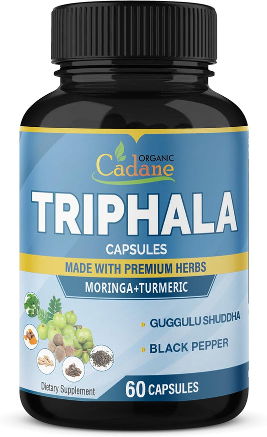 Organic Cadane Triphala Extract Capsules with Turmeric, Moringa, Guggul, Ginger, Black Pepper - 60 Capsules for 2 Months Supply