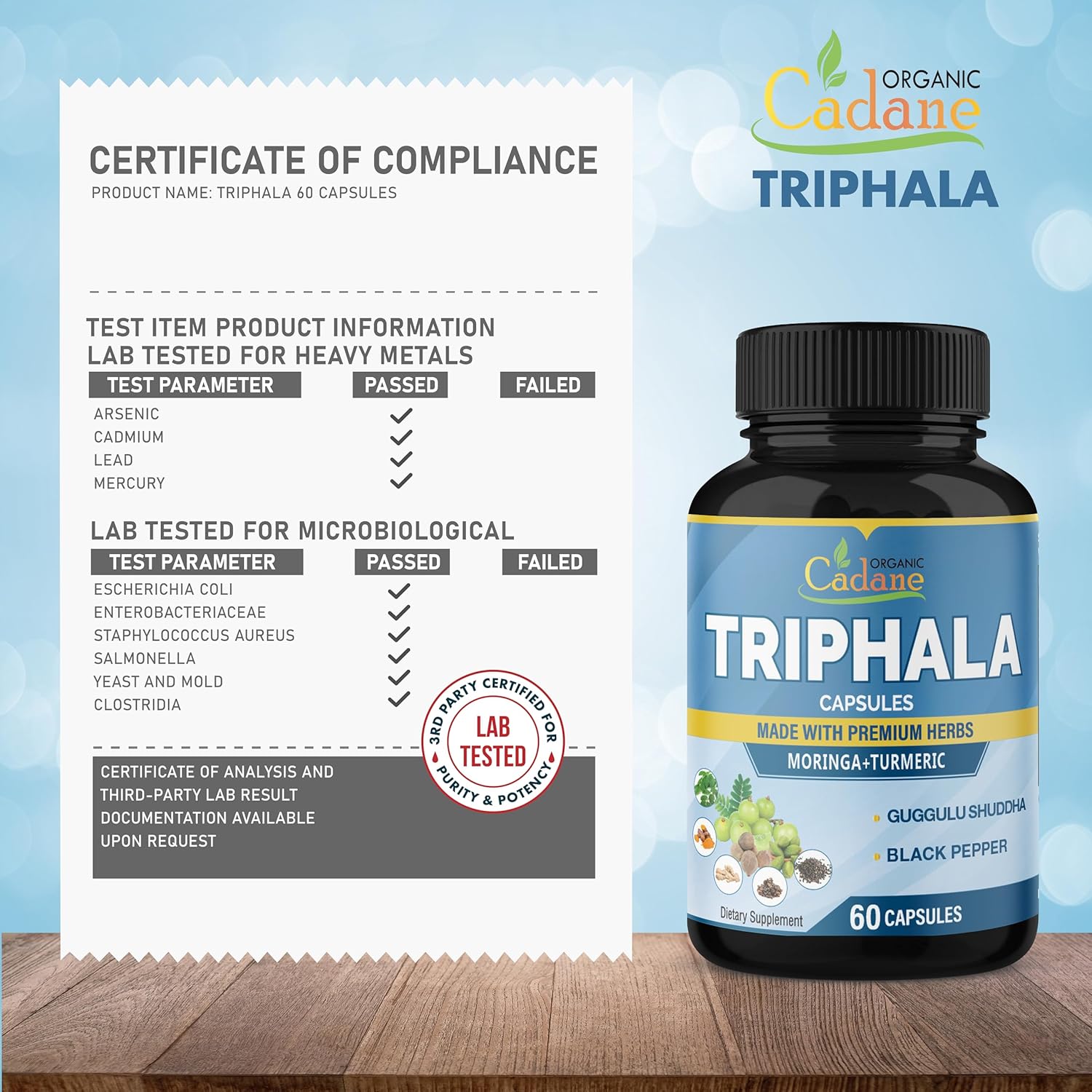 Organic Cadane Triphala Extract Capsules with Turmeric, Moringa, Guggul, Ginger, Black Pepper - 60 Capsules for 2 Months Supply