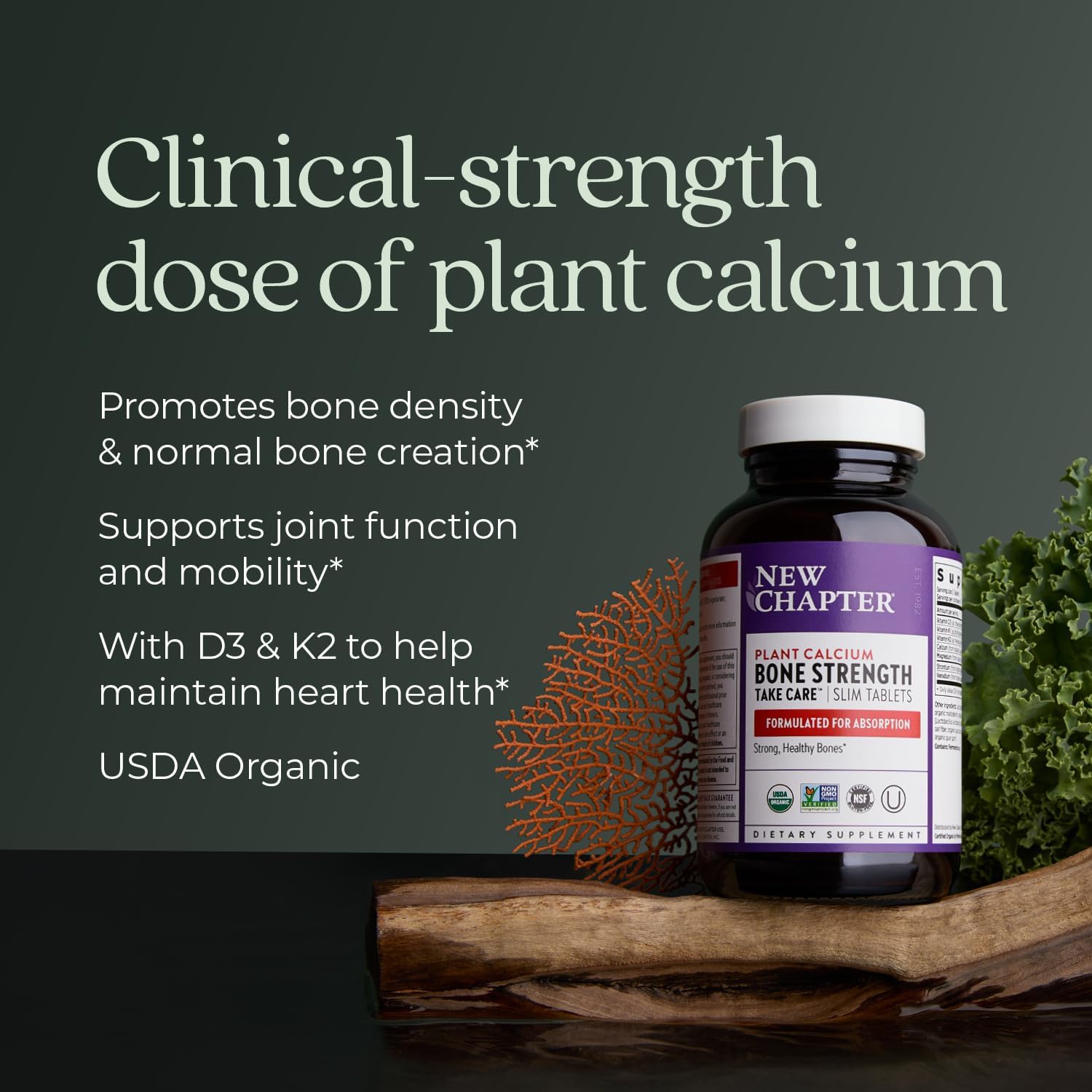 Organic Calcium Supplement with Magnesium, Vitamin D3+K2 & Trace Minerals - 120 Easy-to-Swallow Tablets for Bone Health, Gluten Free