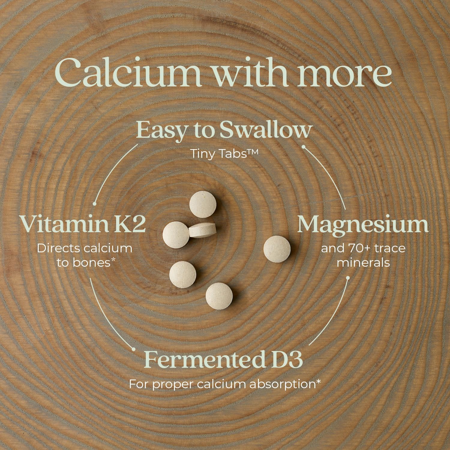 Organic Calcium Supplement with Magnesium, Vitamin D3+K2 for Bone Strength - 240 ct Easy-to-Swallow Tiny Tabs
