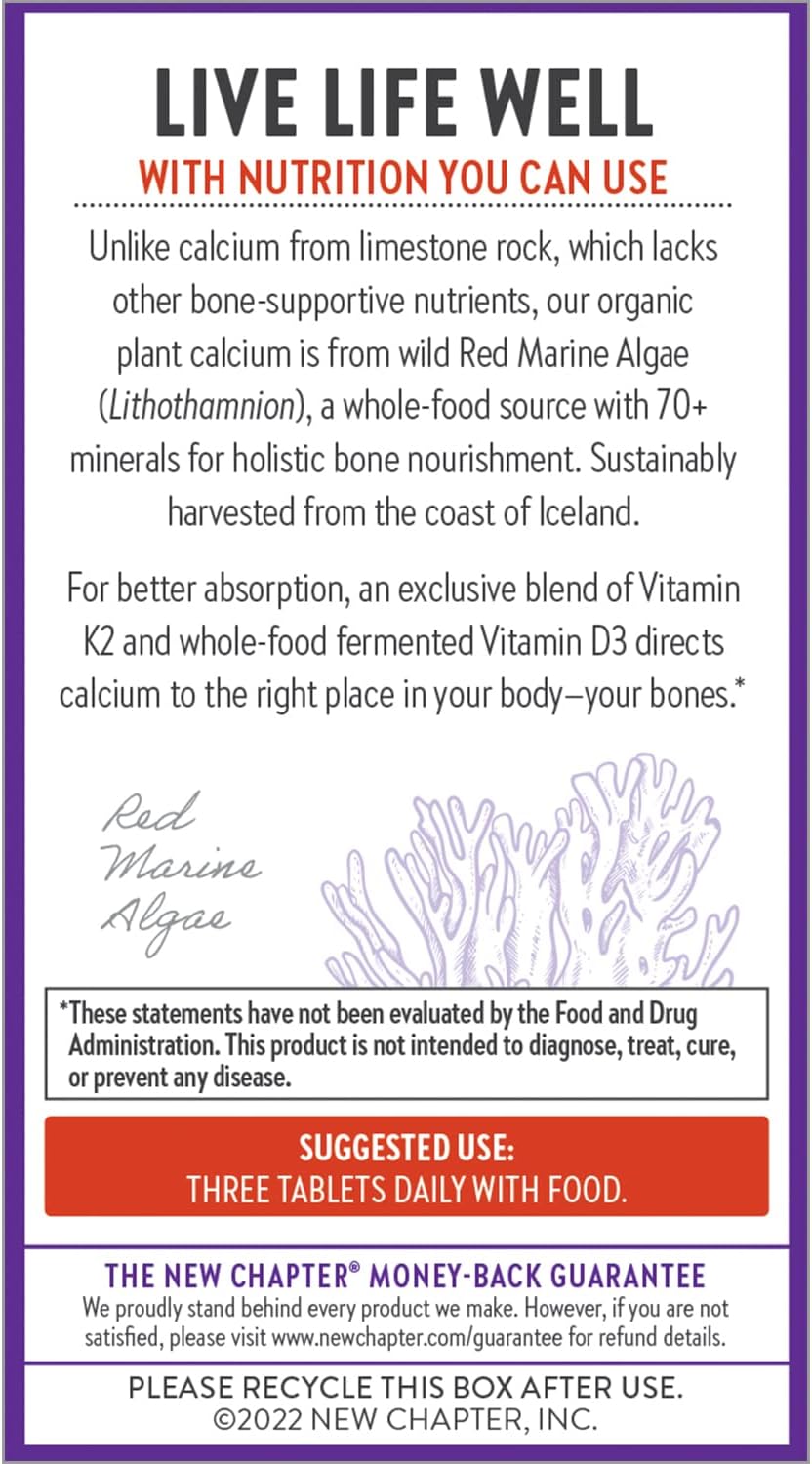 Organic Calcium Supplement with Magnesium, Vitamin D3+K2 & Trace Minerals - 120 Easy-to-Swallow Tablets for Bone Health, Gluten Free