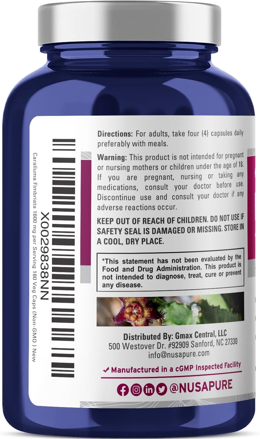 Organic Caralluma Fimbriata Supplement - 180 Vegan Capsules, 1600mg (Non-GMO) by NusaPure