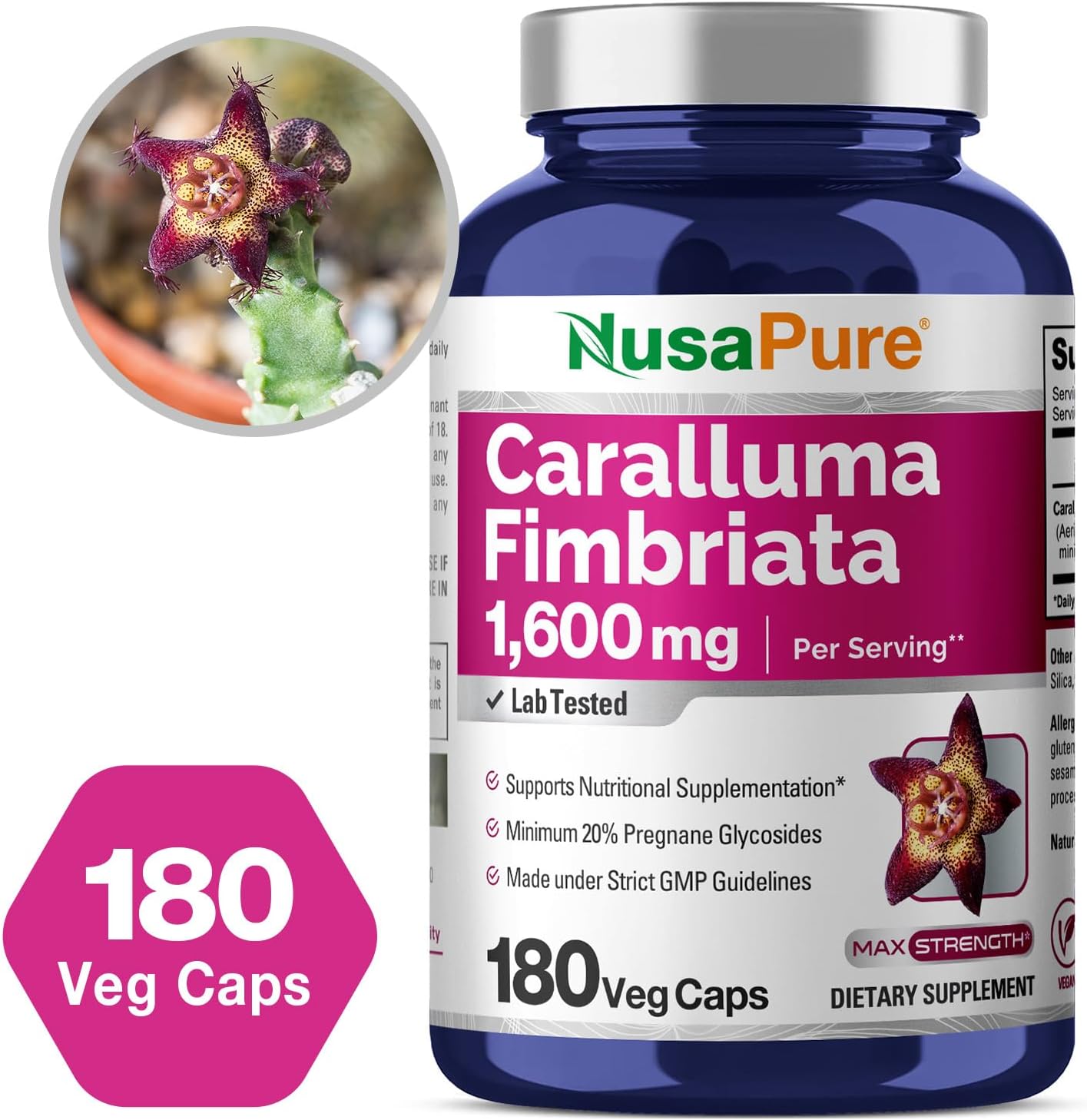 Organic Caralluma Fimbriata Supplement - 180 Vegan Capsules, 1600mg (Non-GMO) by NusaPure