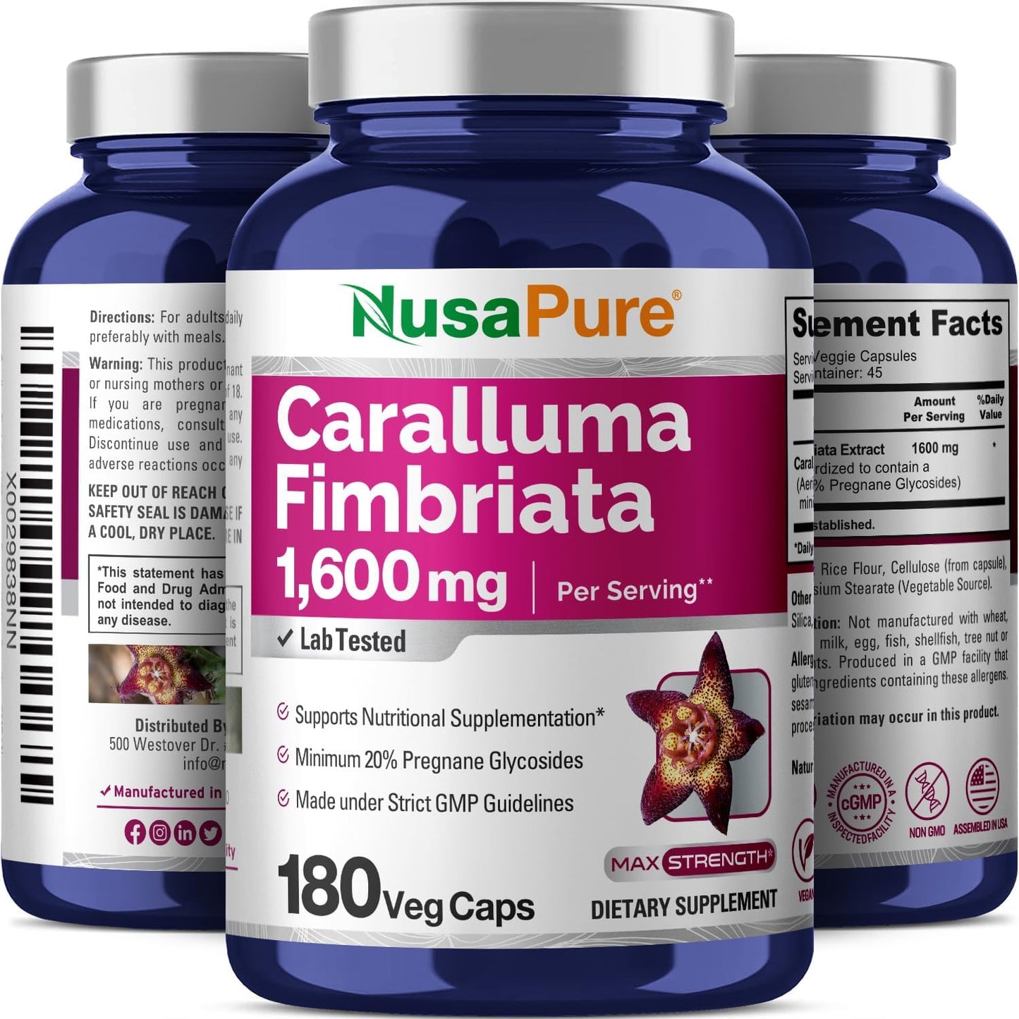 Organic Caralluma Fimbriata Supplement - 180 Vegan Capsules, 1600mg (Non-GMO) by NusaPure