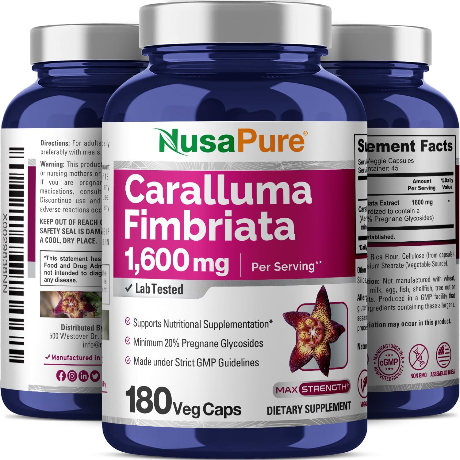 Organic Caralluma Fimbriata Supplement - 180 Vegan Capsules, 1600mg (Non-GMO) by NusaPure