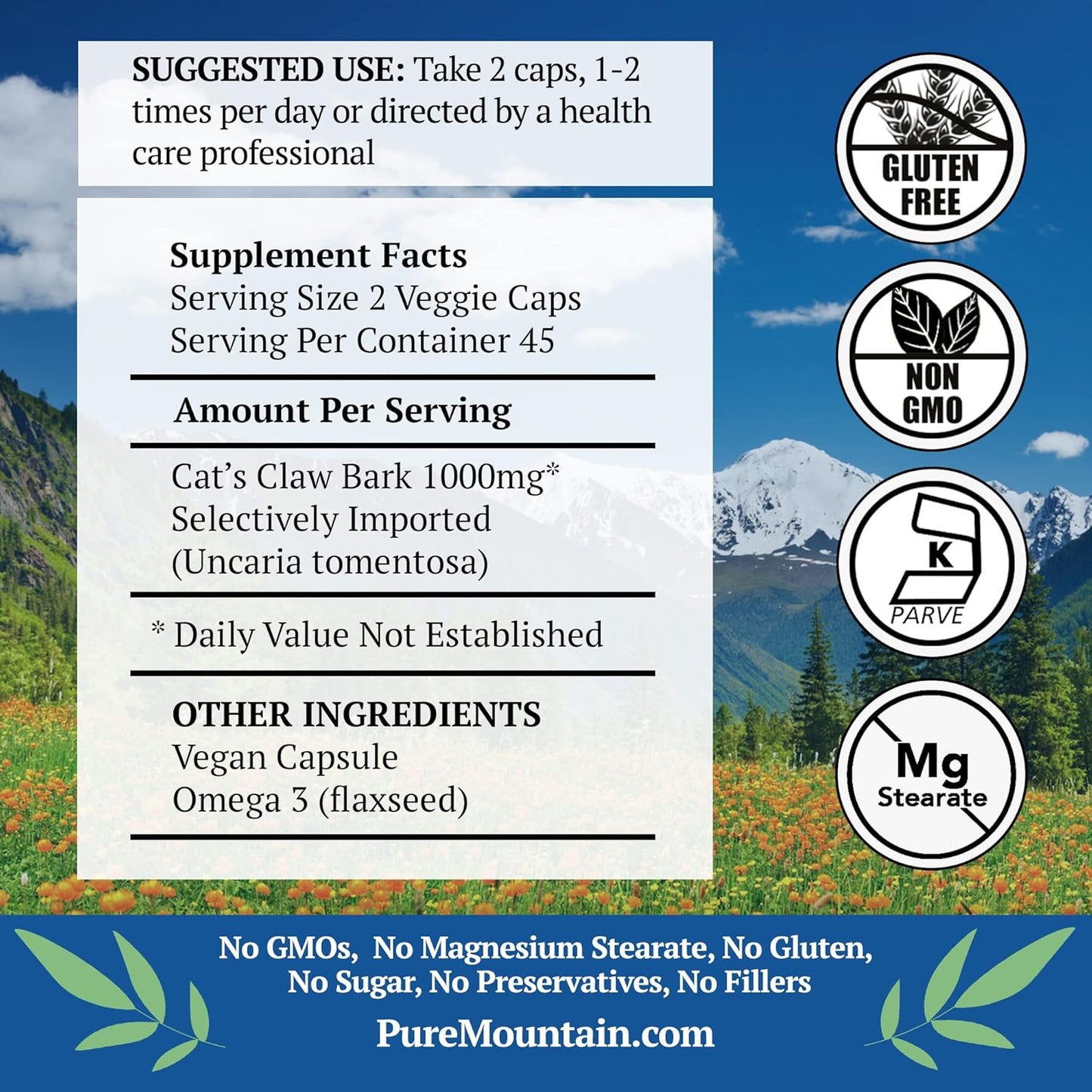 Organic Cat’s Claw Capsules - 90 Vegan Caps with 1000mg Peruvian Uncaria Tomentosa Supplement
