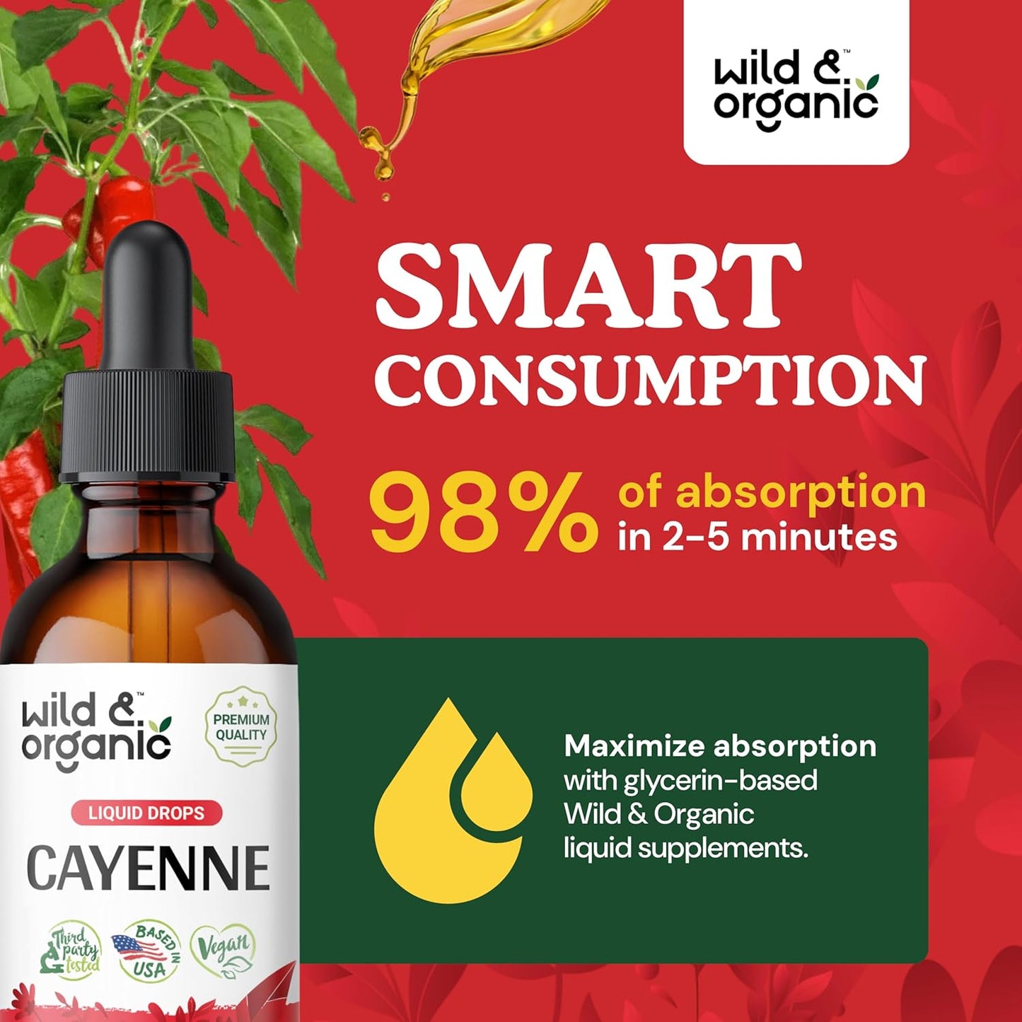 Organic Cayenne Pepper Tincture for Digestive Support - Capsaicin Supplement Liquid - Vegan & Alcohol-Free - 2 fl oz