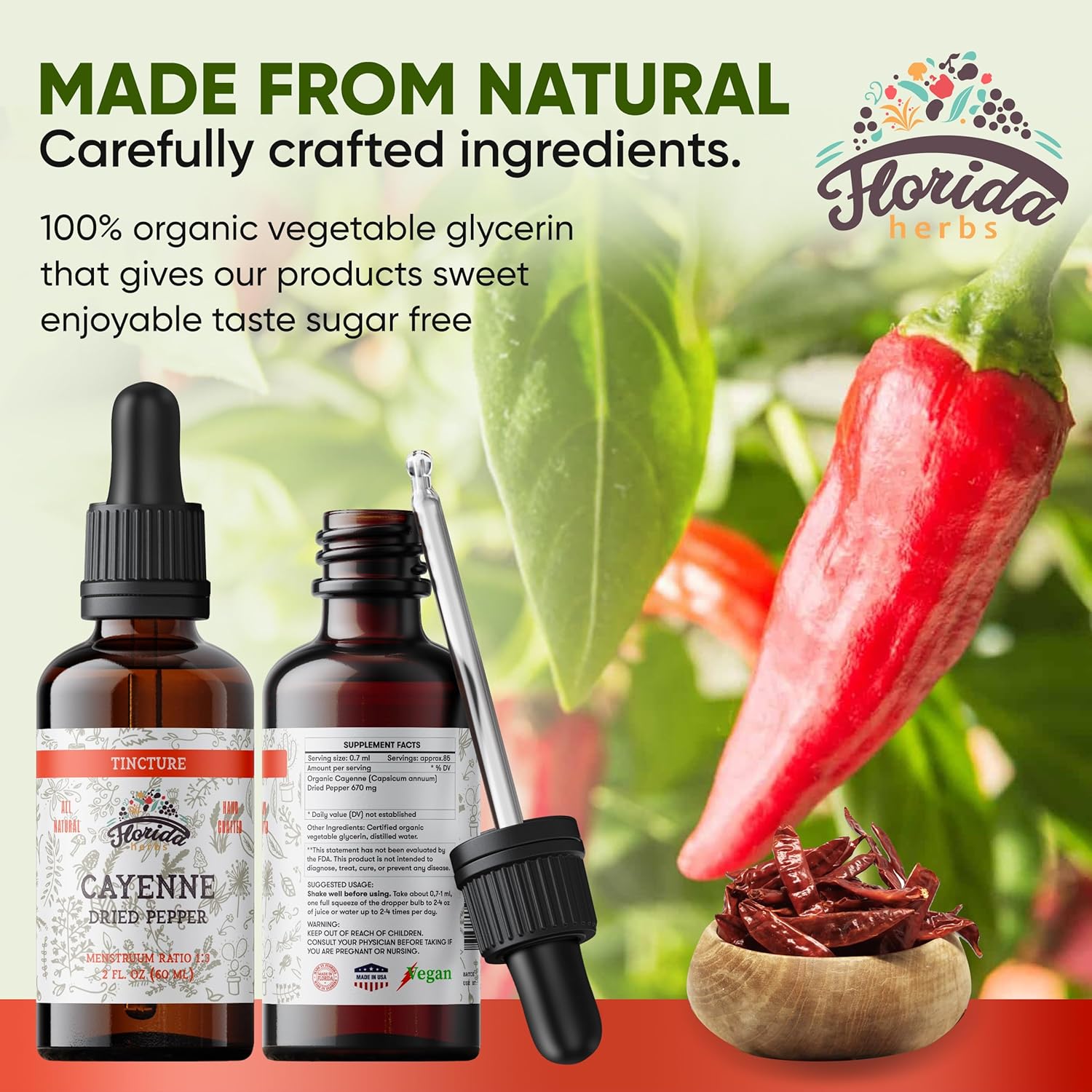 Organic Cayenne Tincture Extract - Non-GMO Dried Pepper in Vegetable Glycerin - 2 oz Bottle - Florida Herbs
