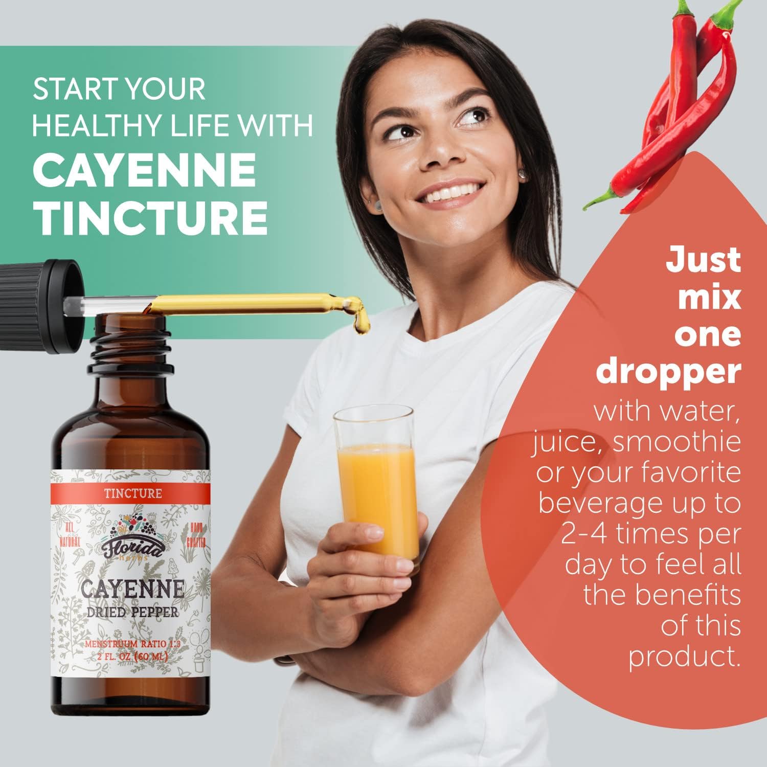 Organic Cayenne Tincture Extract - Non-GMO Dried Pepper in Vegetable Glycerin - 2 oz Bottle - Florida Herbs