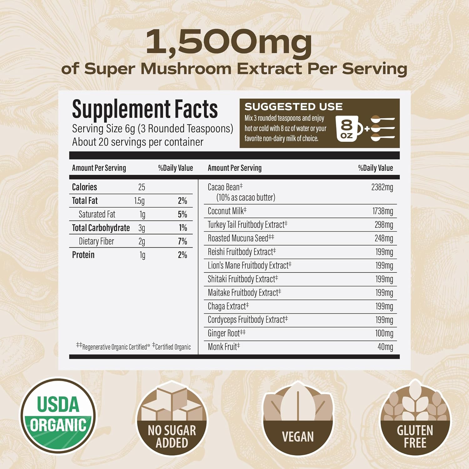 Organic Certified 7 Mushroom Mocha Blend with Turkey Tail, Reishi, Lion's Mane, Shitake, Maitake, Chaga & Cordyceps
