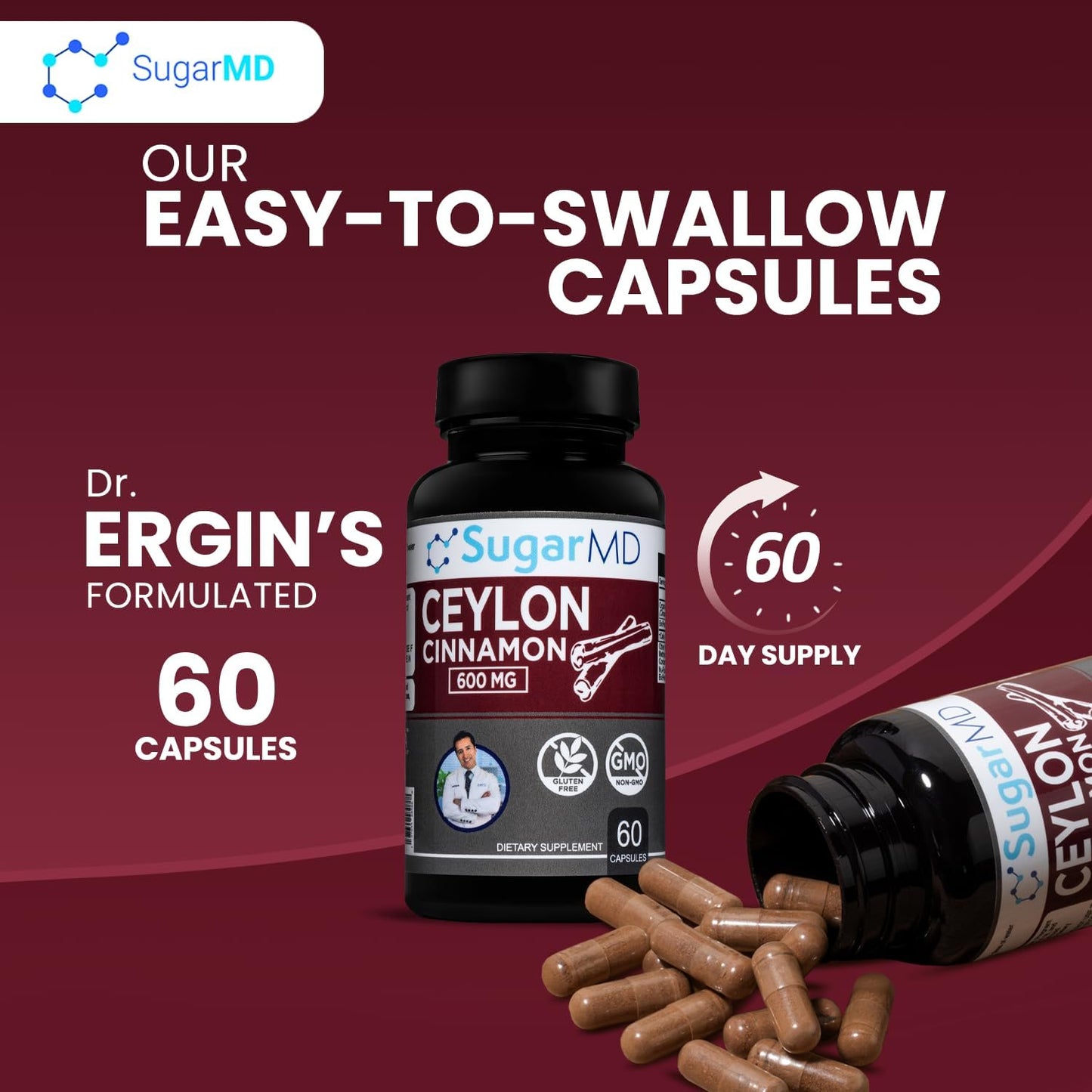 Organic Ceylon Cinnamon Capsules - 600mg Supplement, Non-GMO, Gluten-Free, Vegan - 60 Day Supply