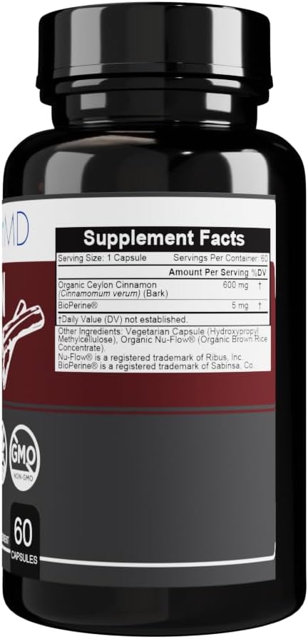 Organic Ceylon Cinnamon Capsules - 600mg Supplement, Non-GMO, Gluten-Free, Vegan - 60 Day Supply