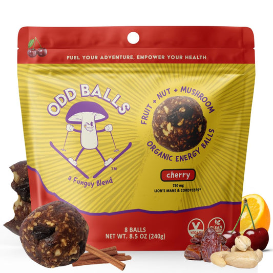 Organic Cherry Energy Balls with Superfood Mushrooms - Vegan Snack for Running, Cycling, Hiking - Lion's Mane Focus, Cordyceps Energy - Gluten Free - Kids & Adults - 8.5 oz
