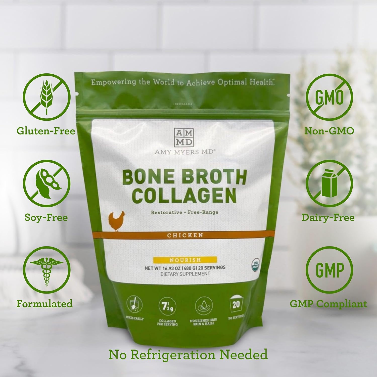 Organic Chicken Bone Broth Collagen Powder - Supports Hair, Skin, Nails, Bones & Joints Health - Keto Friendly - 20 Servings