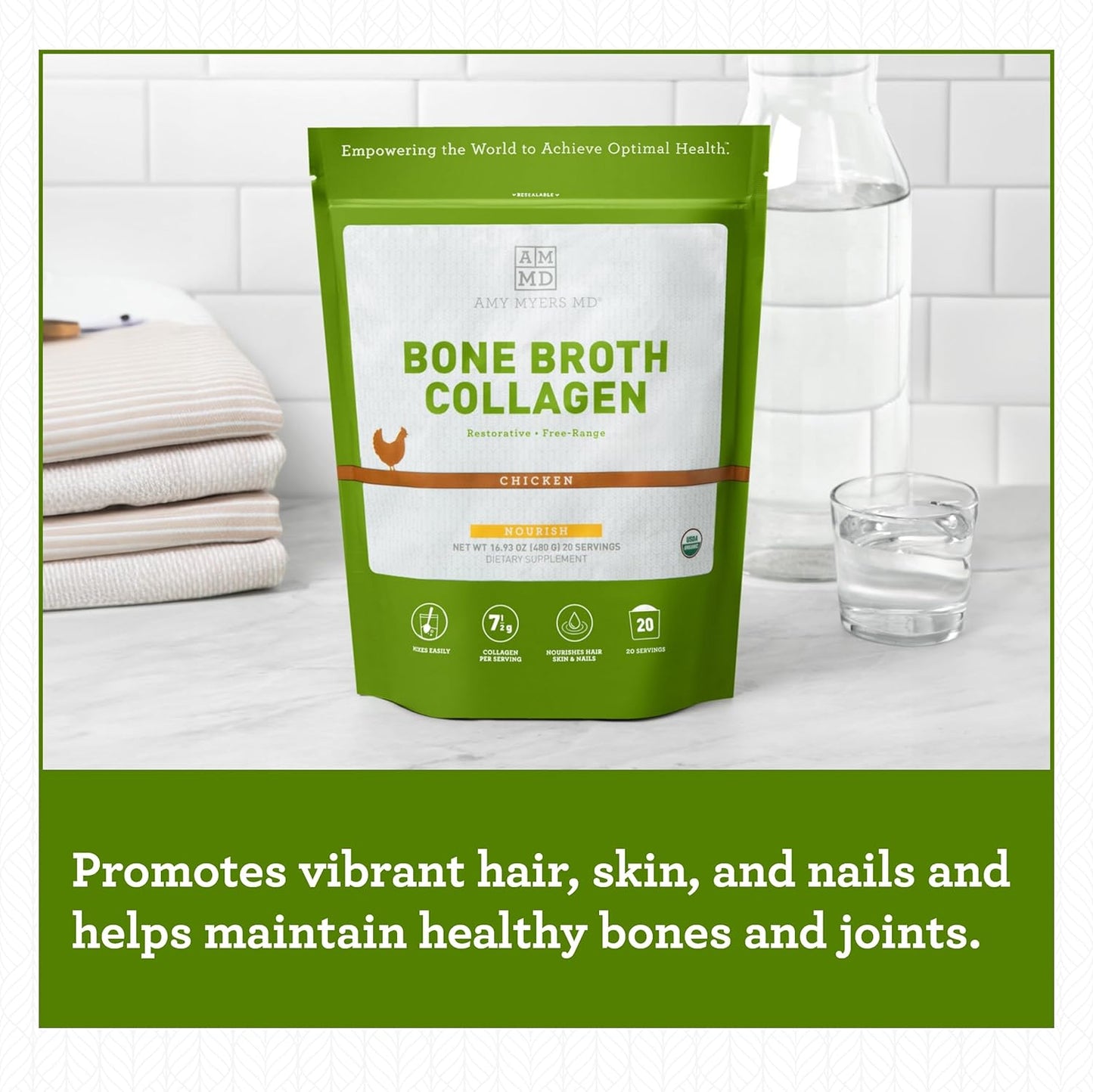 Organic Chicken Bone Broth Collagen Powder - Supports Hair, Skin, Nails, Bones & Joints Health - Keto Friendly - 20 Servings