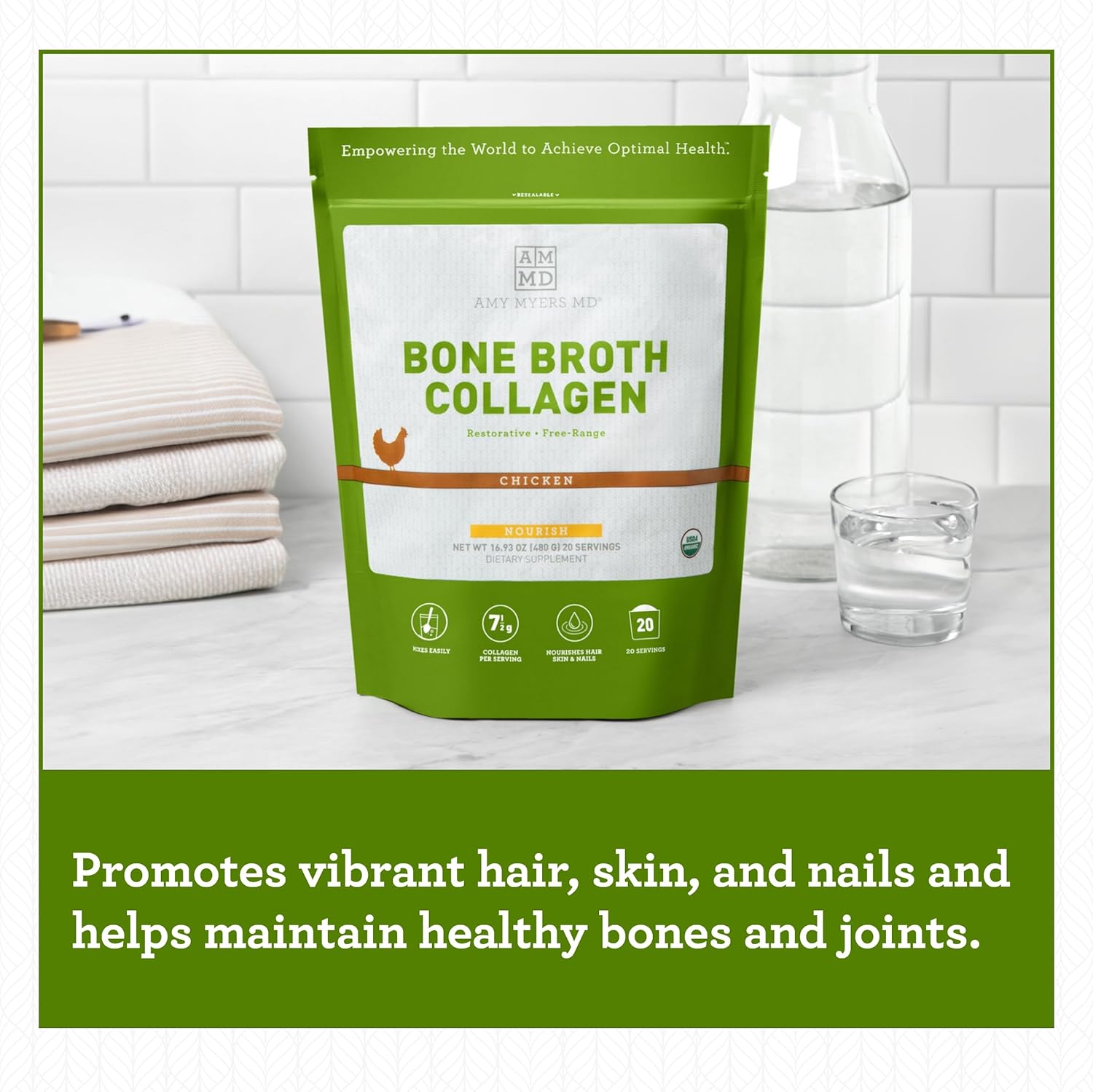 Organic Chicken Bone Broth Collagen Powder - Supports Hair, Skin, Nails, Bones & Joints Health - Keto Friendly - 20 Servings