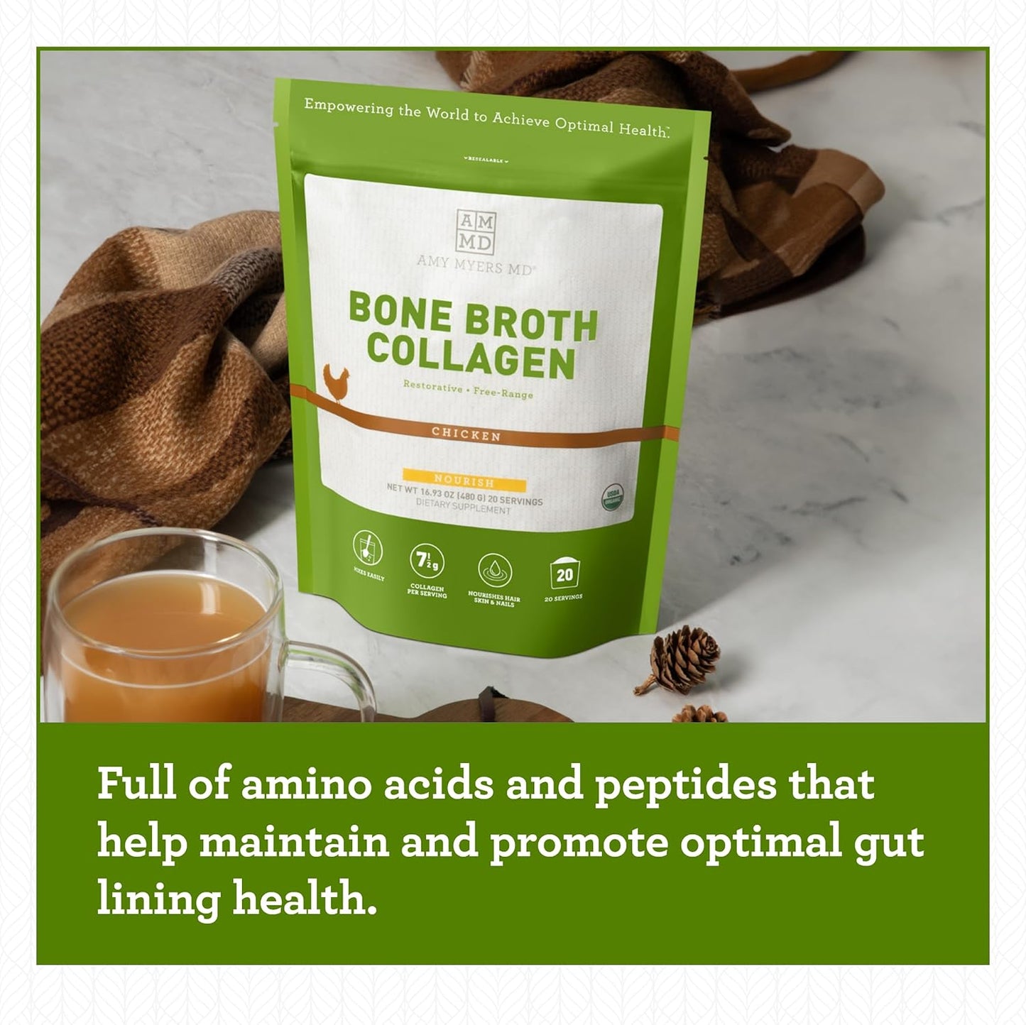Organic Chicken Bone Broth Collagen Powder - Supports Hair, Skin, Nails, Bones & Joints Health - Keto Friendly - 20 Servings