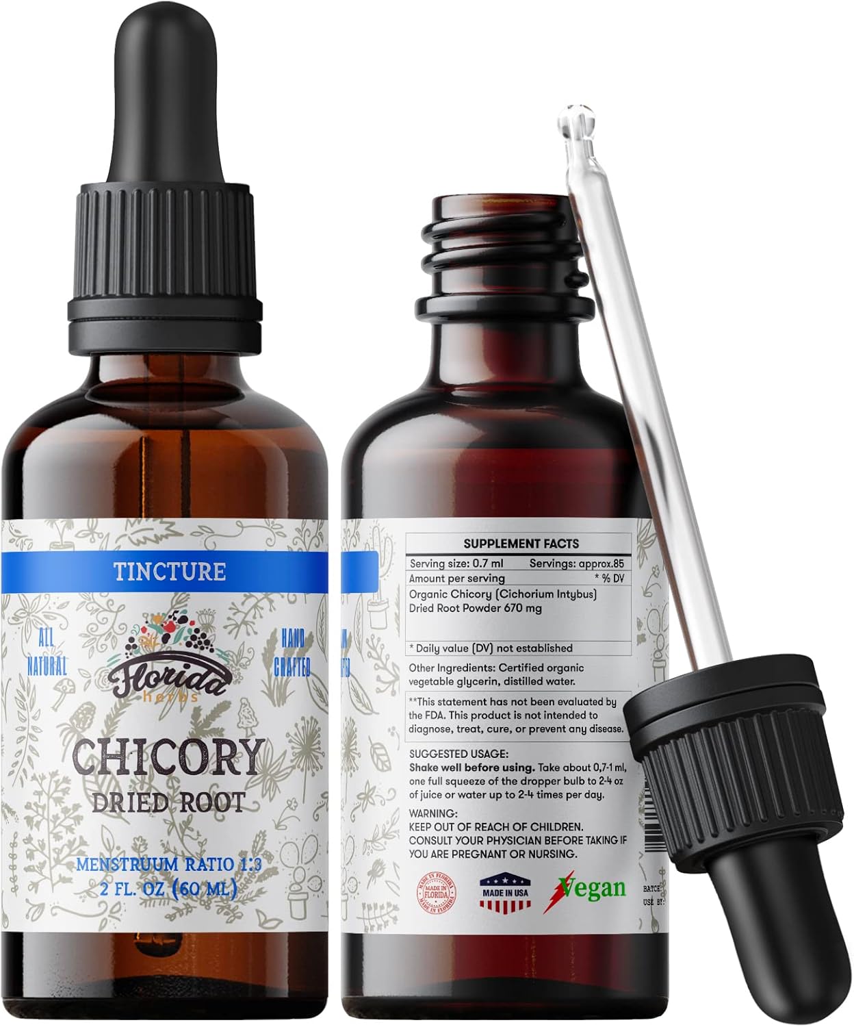 Organic Chicory Tincture Extract for Loss of Appetite, Liver, Gallbladder - 2 oz (60 ml) Bottle - Non-GMO Cold-Pressed Vegetable Glycerin - Florida Herbs
